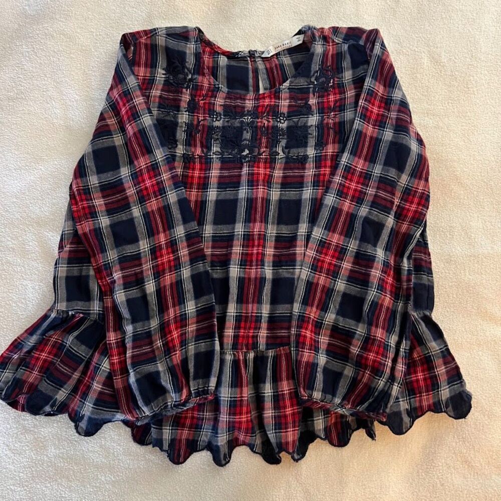 Zara Women's Plaid Peplum Top Tiered Ruffle Embroidery Peasant Cuffs, Size S